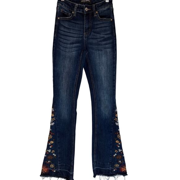 Ashley Mason Boho Floral Embroidered Flare Jeans 00/23 High Rise Tall - Picture 1 of 8